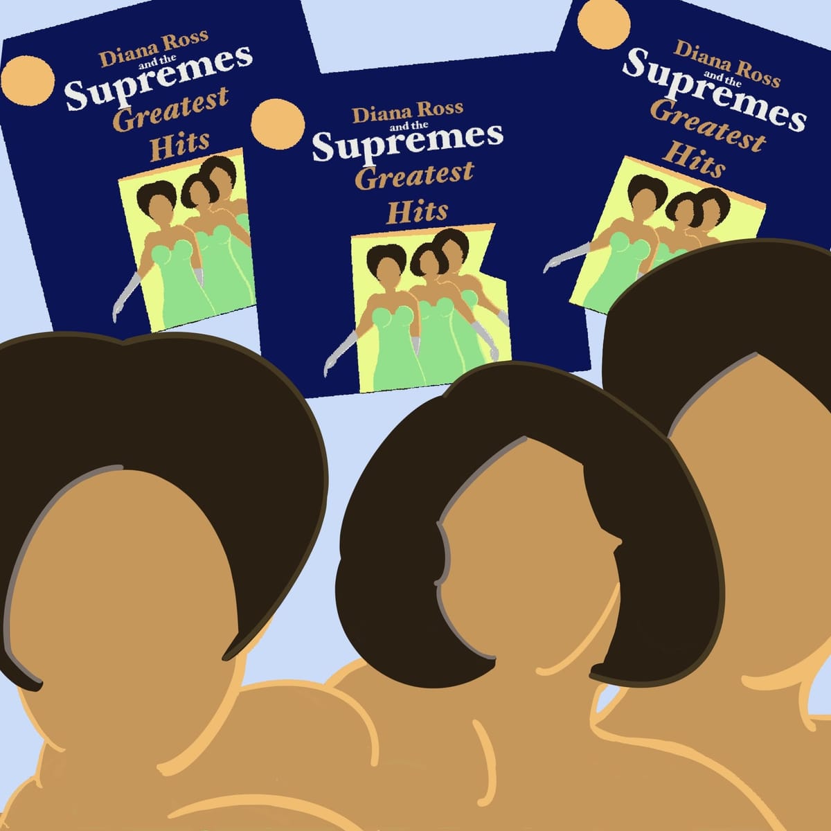 Abstract of Diana Ross and the Supremes with Greatest Hits albums directly above the head of each.