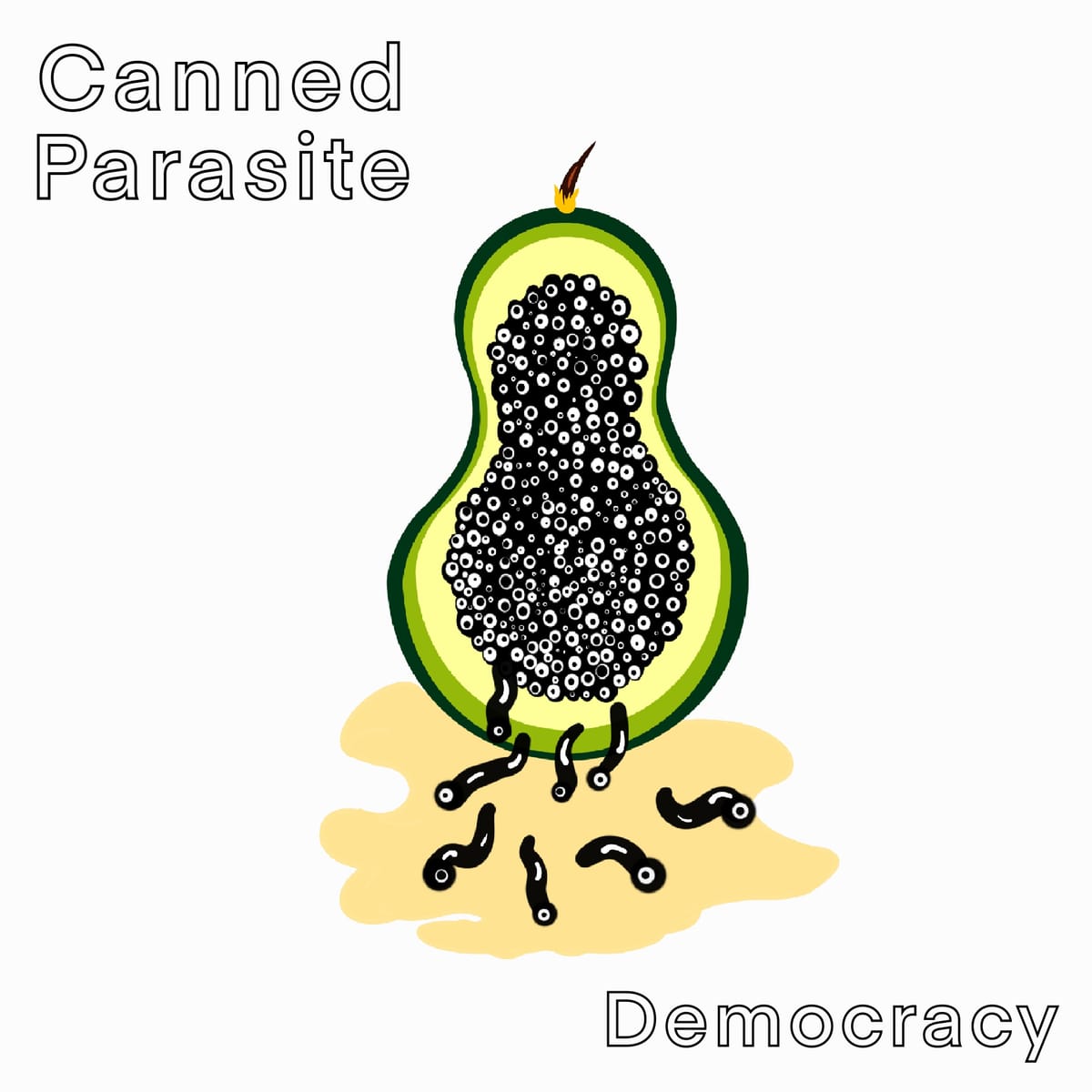 An abstraction of parasites spilling out of a somewhat avocadoesque organic structure of apparent vegetative orgin