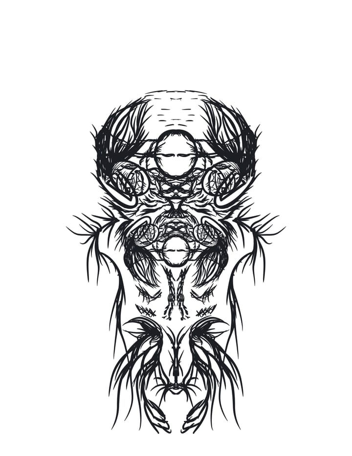 Abstract drawing in black and white suggestive of a bug-esque creature