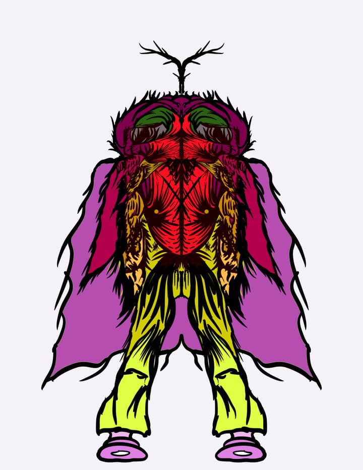 Abststract drawing of a bug-esque creature with purple cape and green pants