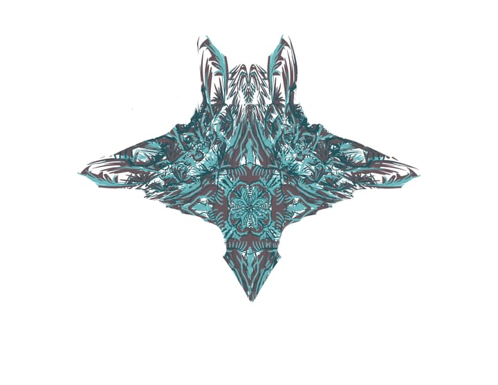 Abstract drawing in turquoise with blue green and brown highlights suggestive of back of head and shoulders