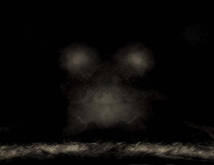 Abstract drawing in black with subtle light highlights that imply darkness lit by headlights