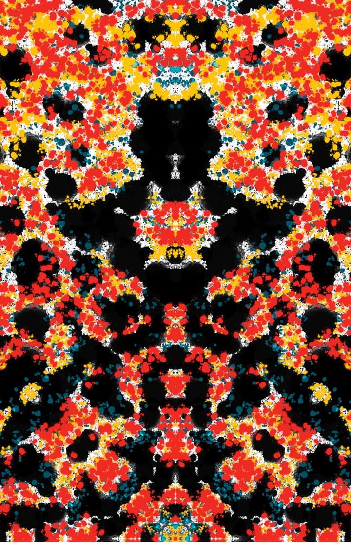 Abstraction using symmetry in red, black, with blue and yellow highlights