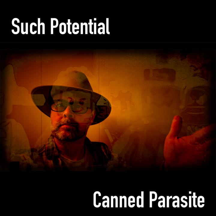 A photo of the producer heavily embued with dark orange undertones. His arm is outstretched  as he looks into the canyon and he wears a hat.