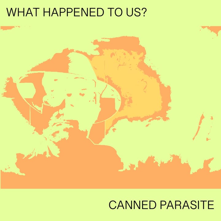 An abstraction reminiscent of screen printing that subtly suggests a human man in a brimmed hat in orange on a green background.   