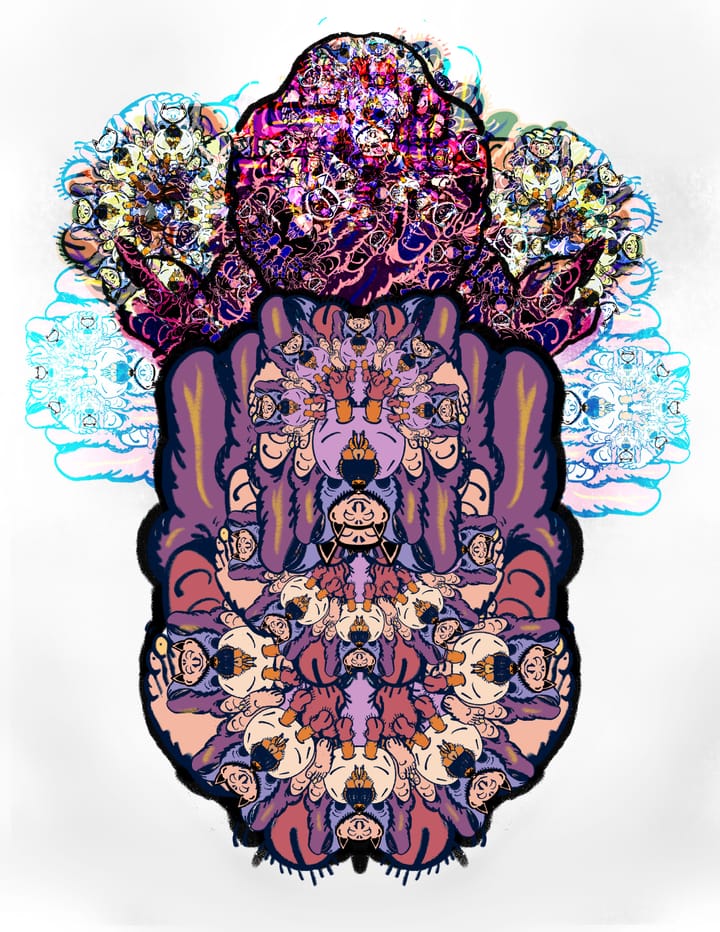 A very abstract grotesque.  Vaguely a grotesque sitting or superimposed grotesque faces layered. Up to the imagination.